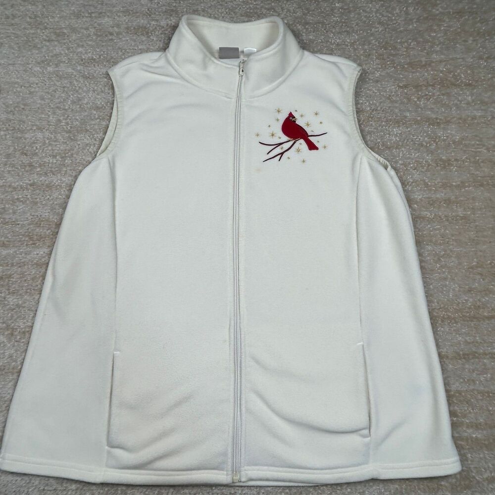 Holiday Editions Fleece Vest Womens XL White Embroidered Cardinal Zip Holiday